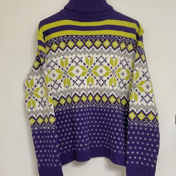 VTG Gantos Women's Turtleneck Sweater Purple Lime Green White Metallic Silver M - Picture 2 of 4